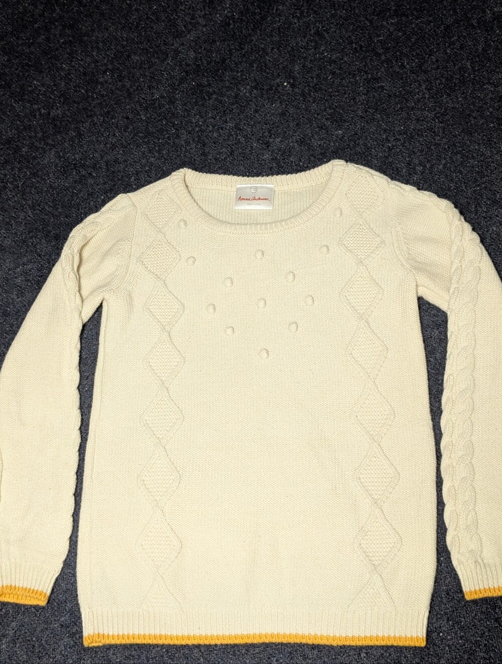 Hanna Andersson Wool Cable Knit Sweater Sz 110 (5-6) Ivory Gold Trim